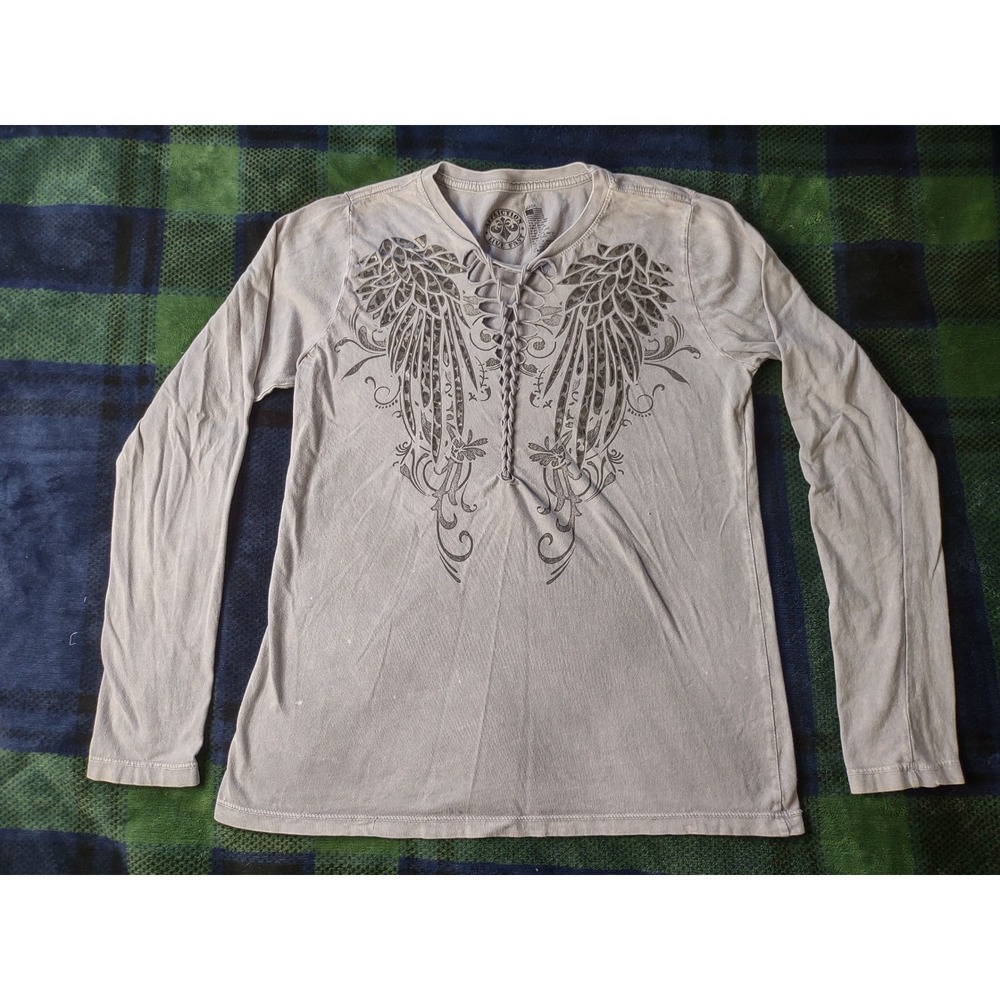 Affliction Y2K Graphic Long Sleeve Shirt Womens Large Gray Lace Up Angelic Wings